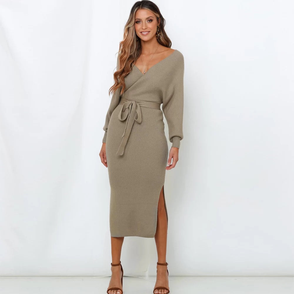 Shelly Belted Sweater Slit Dress